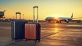 copy space, Two suitcases at the airport, with airplane in the background and sunset light. Waiting to catch a flight Royalty Free Stock Photo