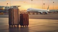 copy space, Two suitcases at the airport, with airplane in the background and sunset light. Waiting to catch a flight. Royalty Free Stock Photo