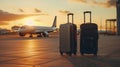copy space, Two suitcases at the airport, with airplane in the background and sunset light. Waiting to catch a flight. Royalty Free Stock Photo