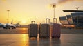 copy space, Two suitcases at the airport, with airplane in the background and sunset light. Waiting to catch a flight. Royalty Free Stock Photo