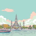 copy space, vector illustration, handdrawn cartoon style, Wat Arun temple in Bankkok, beautiful design for tourist poster