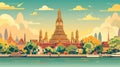 copy space, vector illustration, handdrawn cartoon style, Wat Arun temple in Bankkok, beautiful design for tourist poster