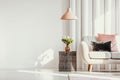 Copy space on white wall of elegant living room with white flowers on glass vase on stylish table next to white sofa