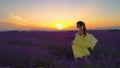 COPY SPACE: Woman in bright yellow dress walks through the fields of lavender. Royalty Free Stock Photo