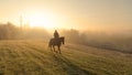 COPY SPACE: Woman rides a brown horse across a pasture on foggy winter morning. Royalty Free Stock Photo