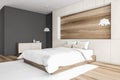 Copy space in wooden and grey bedroom
