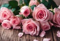 copy Top view flowers bouquet roses wooden space table Pink