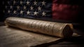 A copy of the United States Declaration of Independence with a American flag