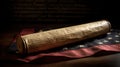 A copy of the United States Declaration of Independence with a American flag