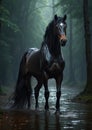 Rain-Kissed Majesty: Beautiful Dark Horse standing proudly in Enchanted Forest