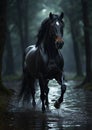 Rain-Kissed Majesty: Beautiful Dark Horse walking through waters in Enchanted Forest