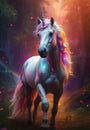 Portrait of Elegance: White Unicorn in Vibrant Rainbow Dreamscape