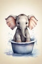 Splish-Splash: Hand-Drawn Baby Elephant Bath Time in small Tub Royalty Free Stock Photo