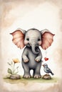 Sweet Serenity: Hand-Drawn Baby Elephant with yellow Flower and Blue Bird Royalty Free Stock Photo