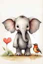 Sweet Serenity: Hand-Drawn Baby Elephant with Heart Flower and Robin Royalty Free Stock Photo