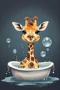 Bath Time Fun: AI-Generated Hand-Drawn Giraffe Baby in Blue Bubble Bath