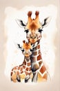 Whimsical Giraffe Friends: Hand-Drawn Portraits on Soft Beige Watercolor Background