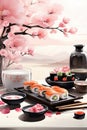 Sakura Feast: Sumi-e Table Setting with Sake and Sushi Royalty Free Stock Photo