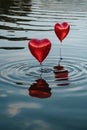 Love\'s Reflection: Red Heart Balloons Dancing on Rippling Water Royalty Free Stock Photo