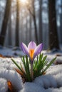 Hope Amidst Winter: Detailed Crocus Flower Rising from Snow in Sunlit Forest