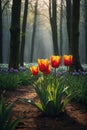 Blooming Tulips in the Forest: Sun Rays Through Canopy Royalty Free Stock Photo