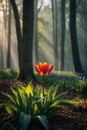 Single Blooming Tulip in Forest: Sun Rays Through Canopy Royalty Free Stock Photo