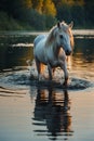 Tranquil white horse wading knee-deep Placid Lake Royalty Free Stock Photo