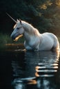 Tranquil Unicorn: Sunset Serenity in Placid Lake Royalty Free Stock Photo