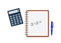 Copybook with arithmetic example, calculator and pen