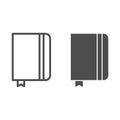 Copybook line and solid icon. Notepad with elastic and bookmark symbol, outline style pictogram on white background