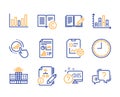 Copyright, Column chart and Time icons set. Report document, Report checklist and Diagram graph signs. Vector Royalty Free Stock Photo