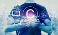 Copyright concept with man holding smartphone Royalty Free Stock Photo