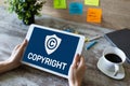 Copyright icon on screen. Patent Law and Intellectual Property. Business, Internet and Technology Concept.