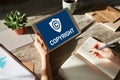 Copyright icon on screen. Patent Law and Intellectual Property. Business, Internet and Technology Concept.