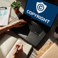 Copyright icon on screen. Patent Law and Intellectual Property. Business, Internet and Technology Concept.