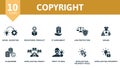 Copyright set. Creative icons: novel invention, registered product, ip agreement, law protection, brand, plagiarism Royalty Free Stock Photo