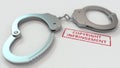 COPYRIGHT INFRINGEMENT stamp and handcuffs. Crime and punishment related conceptual 3D rendering