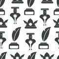 Copyright ink pot and feather monochrome seamless pattern