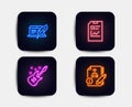 Copyright laptop, Report document and Electric guitar icons. Algorithm sign. Vector