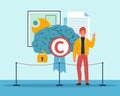 Copyright. Protection intellectual property on internet, product trademark, businessman owner standing with brain, legal Royalty Free Stock Photo