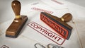 Copyright stamp standing on documents. 3D illustration Royalty Free Stock Photo