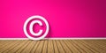 Copyright Symbol on Wodden Floor lean on pink Grunge Wall with Copy Space - 3D-Illustration