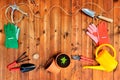 Copyspace frame with gardening tools and objects on old wooden background Royalty Free Stock Photo