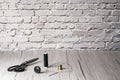 Copyspace frame with sewing tools on the wooden table Royalty Free Stock Photo