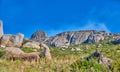 Copyspace landscape view of Table Mountain in Cape Town, South Africa from below. Scenic popular natural landmark and Royalty Free Stock Photo