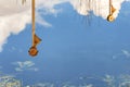 Copyspace of ponds reflecting waters of bird houses