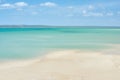 Copyspace at the sea with a blue sky and mountain background above the horizon. Calm blue ocean water at an empty beach Royalty Free Stock Photo