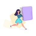 Copywriter concept. Woman holding a big notebook