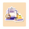 Copywriter sticker illustration. Editor and copywriting services online. Tiny people copywriters checking grammar and Royalty Free Stock Photo