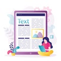 Copywriter writes text for magazine or blog. Girl writes texts online on tablet. Article or message with picture on big screen